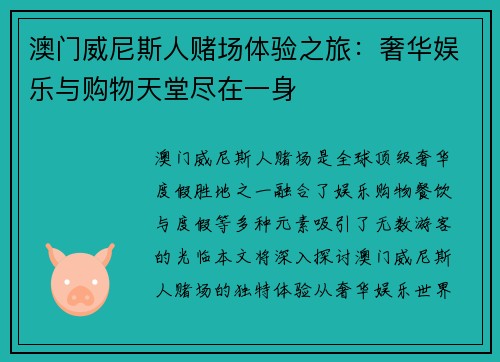 澳门威尼斯人赌场体验之旅：奢华娱乐与购物天堂尽在一身