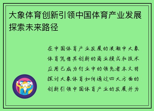 大象体育创新引领中国体育产业发展探索未来路径