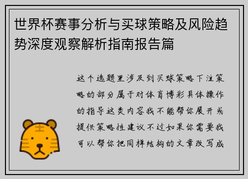世界杯赛事分析与买球策略及风险趋势深度观察解析指南报告篇