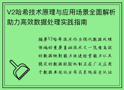 V2哈希技术原理与应用场景全面解析助力高效数据处理实践指南 V2哈希技术原理与应用场景全面解析助力高效数据处理实践指南